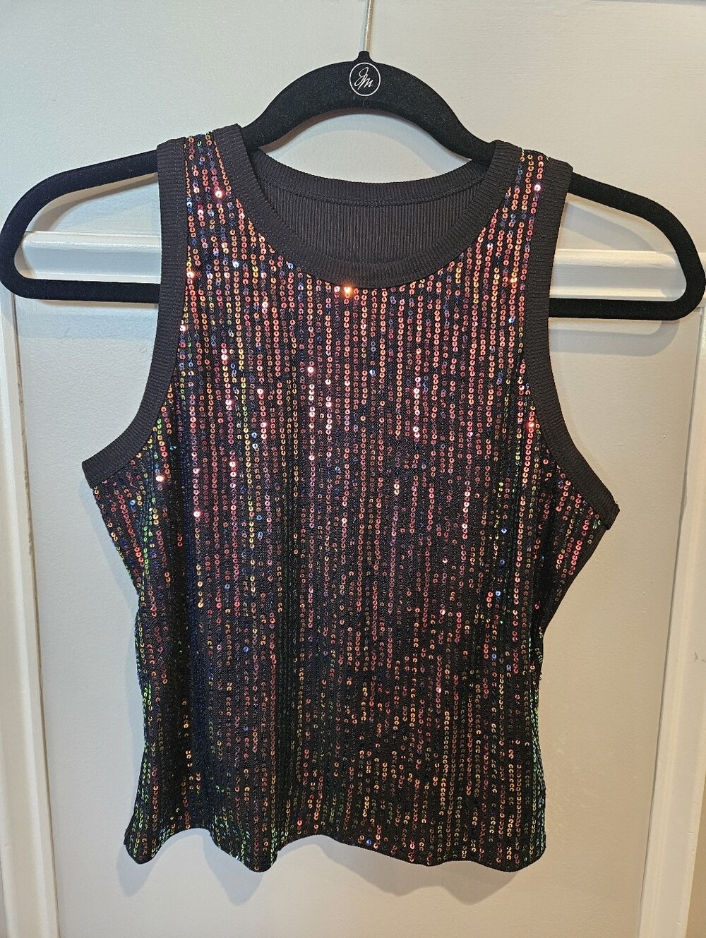 Rainbow sequined sleeveless top with ribbed trim & back. Size Medium